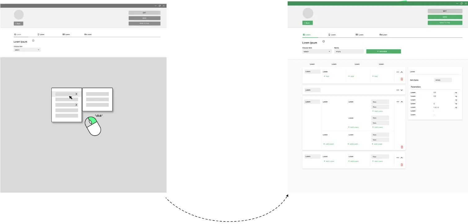 Before/After: a hidden right-click menu replaced with a surfaced toolbar and structured edit panels.