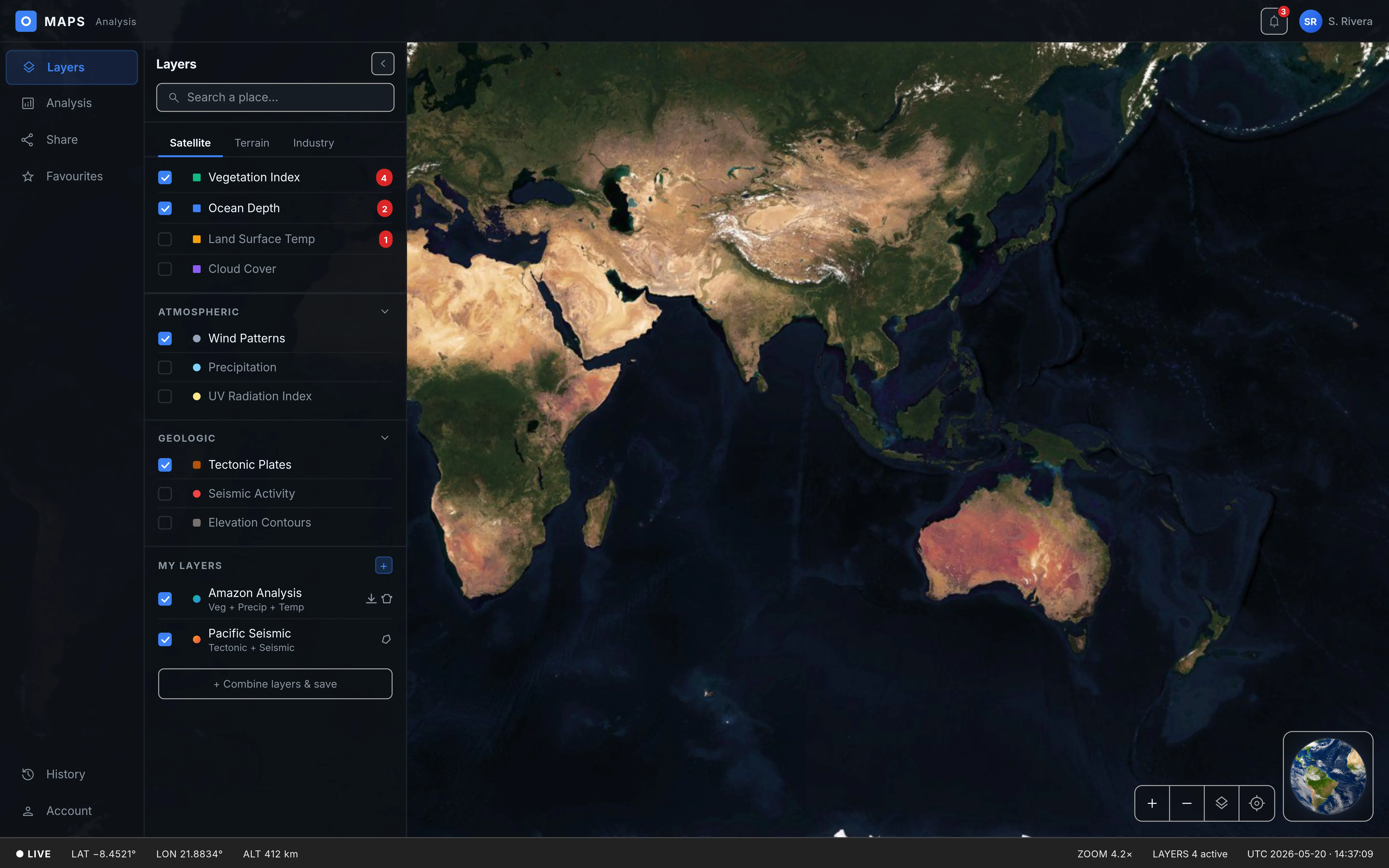 STRATA — the launched satellite-mapping analysis tool, showing a dark layered interface with vegetation, ocean depth, atmospheric and geologic layers over a satellite map of Europe, Africa and Asia.